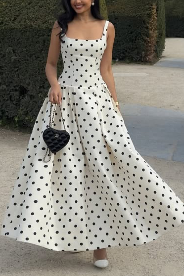 Polka Dot Print Square Neck Sleeveless Holiday Maxi Dress