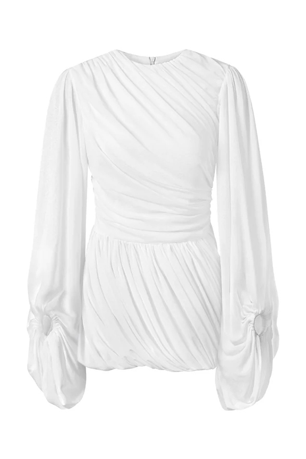 Solid Color Round Neck Lantern Long Sleeve Pleated Casual Mini Dress-consonak