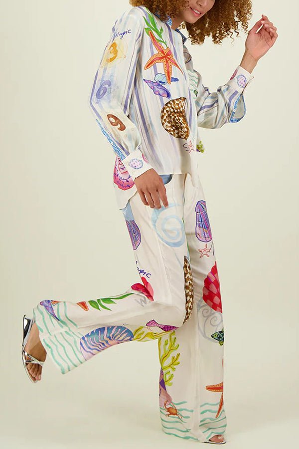 Dream Ocean Satin Unique Print Back Elastic Waist Pocketed Wide Leg Pants | Consonak