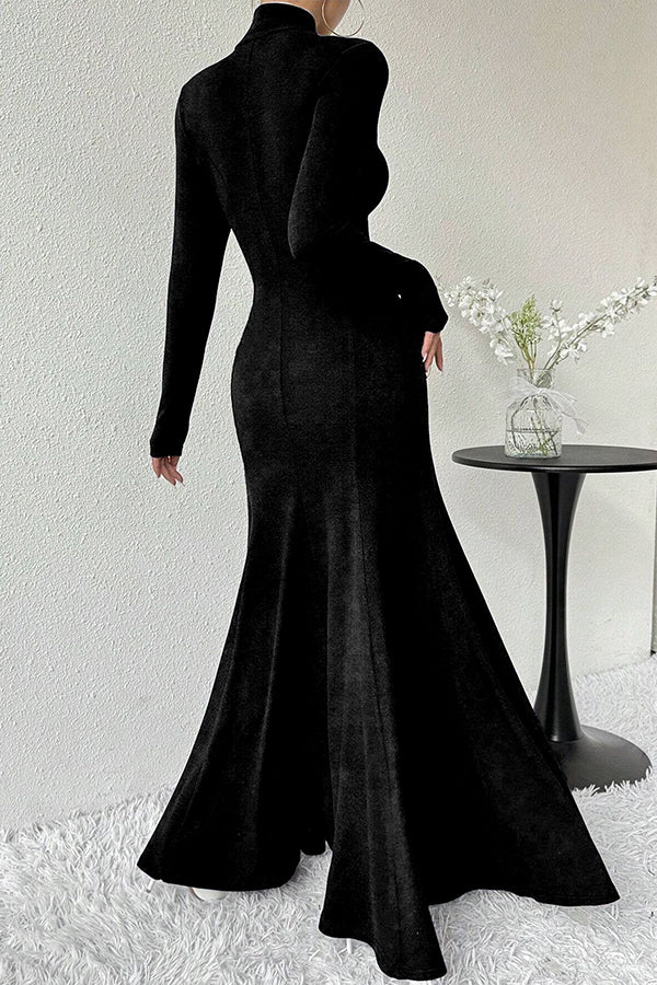 Solid Color High-neck Long-sleeved Slim-fit Fishtail Elegant Maxi Dress-consonak