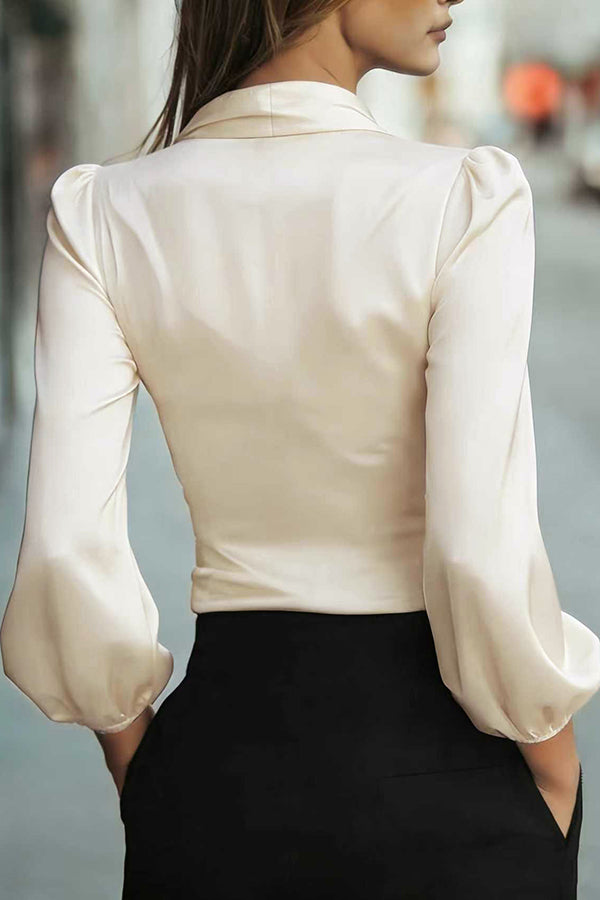 Satin V-neck Long-sleeved Casual Tie-waist Shirt-consonak
