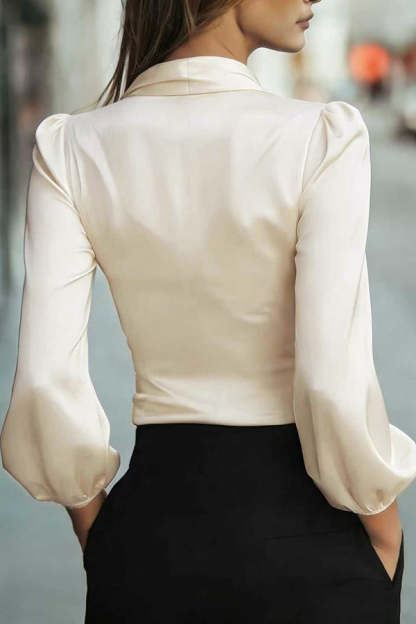 Satin V-neck Long-sleeved Casual Tie-waist Shirt-consonak