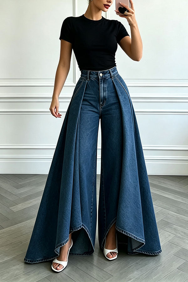 High-Waist Overlay Wide-Leg Jeans-Consonak