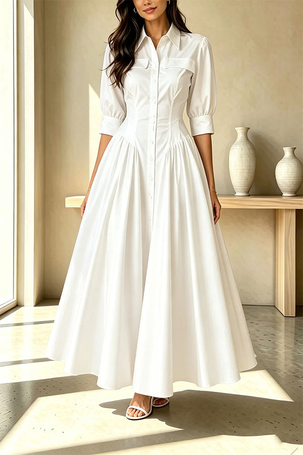Elegant Linen Blend High Waisted Button Front Detail Pocket Shirt Umbrella Maxi Dress-Consonak