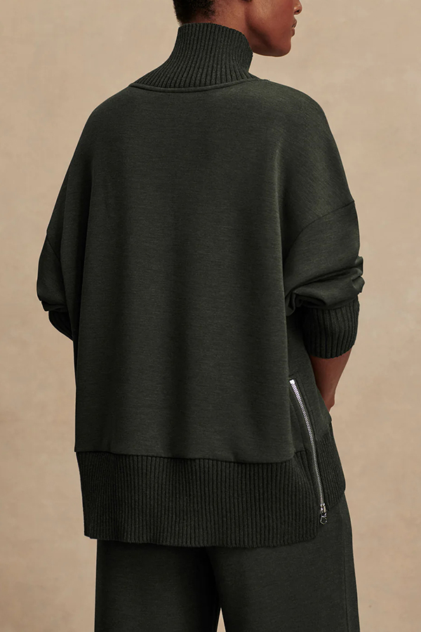 Barker High-Neck Long Sleeve Side Zipper Sweatshirt and Elastic Waist Pocketed Loose Pants Set-Consonak