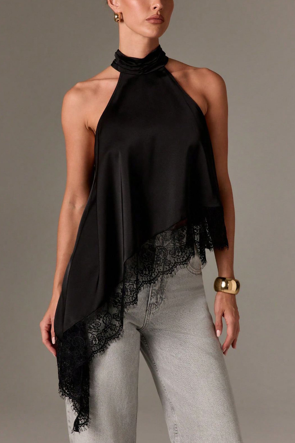 Solid Color Satin Sleeveless Lace Hem Loose Top