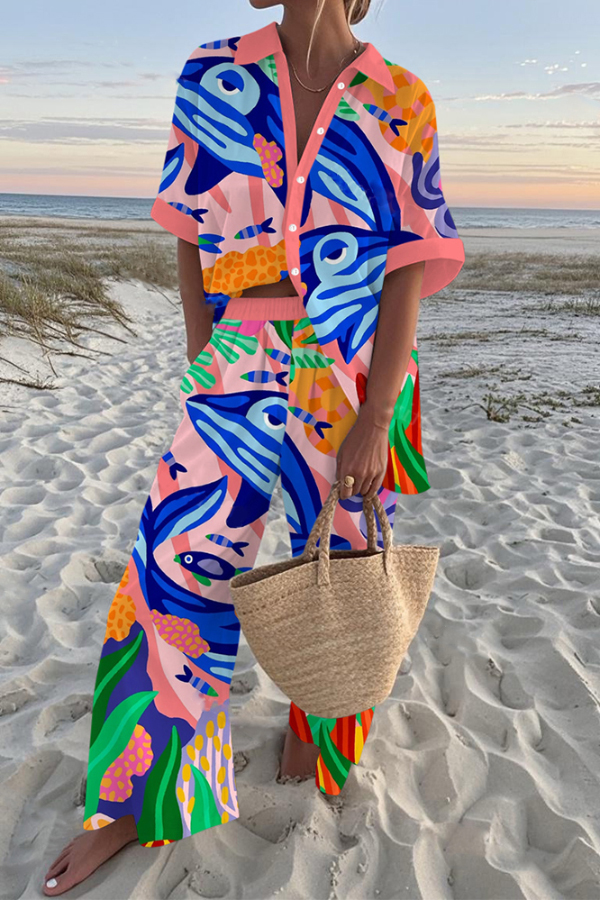 Whale Print Oversized Shirt and Elastic Waist Pocket Pants Set-consonak