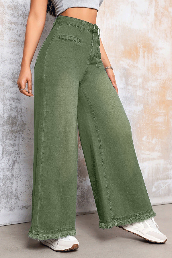 Stylish Loose-fitting Frayed Hem Casual Pocket Wide-leg Jeans