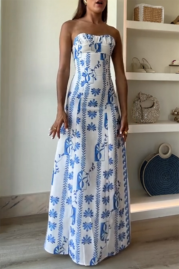 Freya Linen Blend Floral Wave Print Ruched Bust Strapless Maxi Dress-consonak