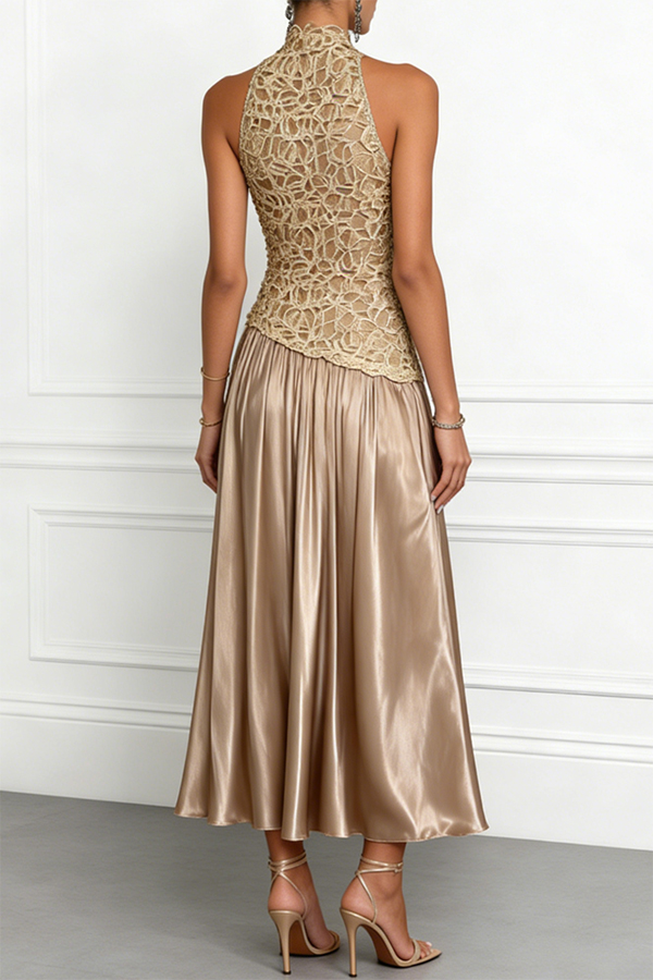Spring Garden Galas Lace Satin Crew Neck Sleeveless A-Line Maxi Dress | Consonak