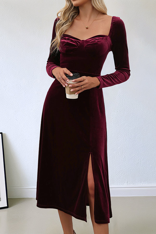 Solid Color Velvet Square Neck Long Sleeve Slit Midi Dress-consonak
