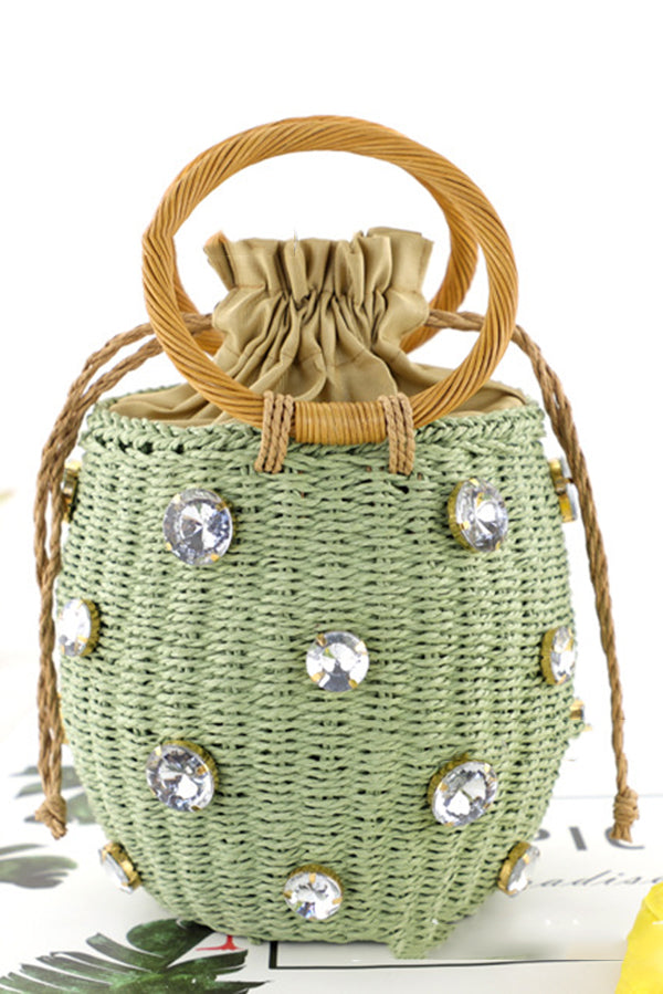 Fashionable Imitation Rhinestone Embellished Casual Barrel Rattan Bag-consonak