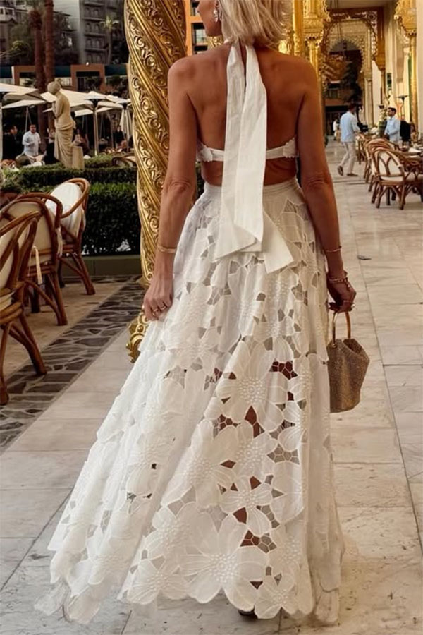 Sevilla Sun Embroidery Crochet Flowers Cutout Waist Halter Backless Maxi Dress-consonak