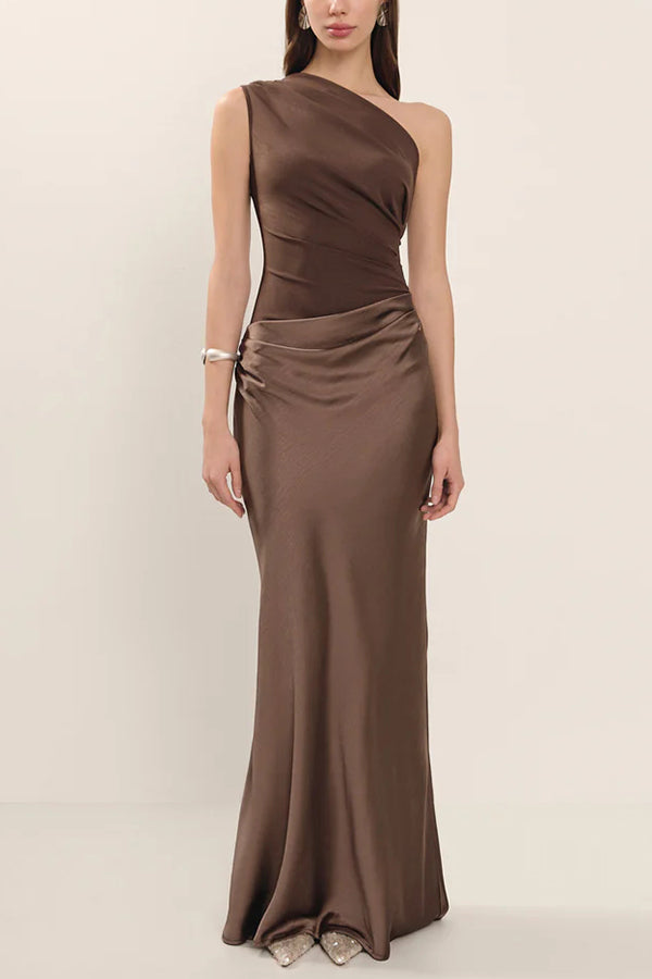 Kaia Satin Contrast Fabric Patchwork One Shoulder Ruched Maxi Dress | Consonak