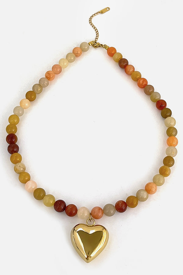 Multicolor Mixed Beaded Heart Pendant Necklace-consonak