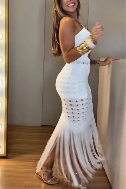 Refresh Style Knit Hollow Out One Shoulder Cutout Waist Tassel Hem Maxi Dress