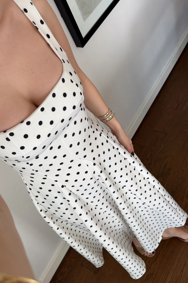 Ultimate Elegance Polka Dot Print Square Neck tie-up waist Flare midi Dress