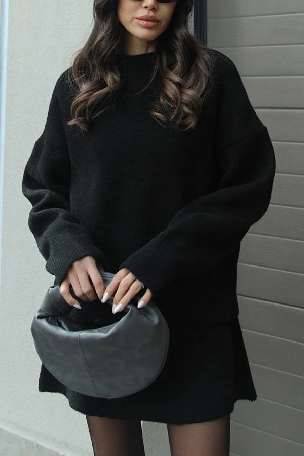 Solid Color Casual Preppy Knit Top and Knit Stretch Mini Skirt Set-consonak