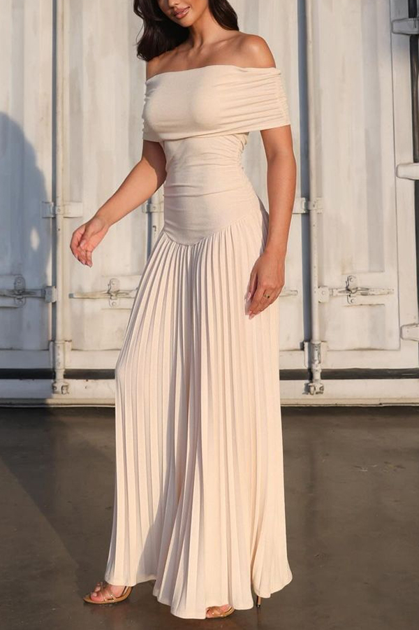 Sexy Off-shoulder Slim Fit Pleated Maxi Dress-consonak