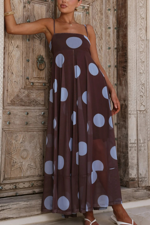 Polka Dot Print Mesh Spaghetti Strap Square Neck Vacation Maxi Dress