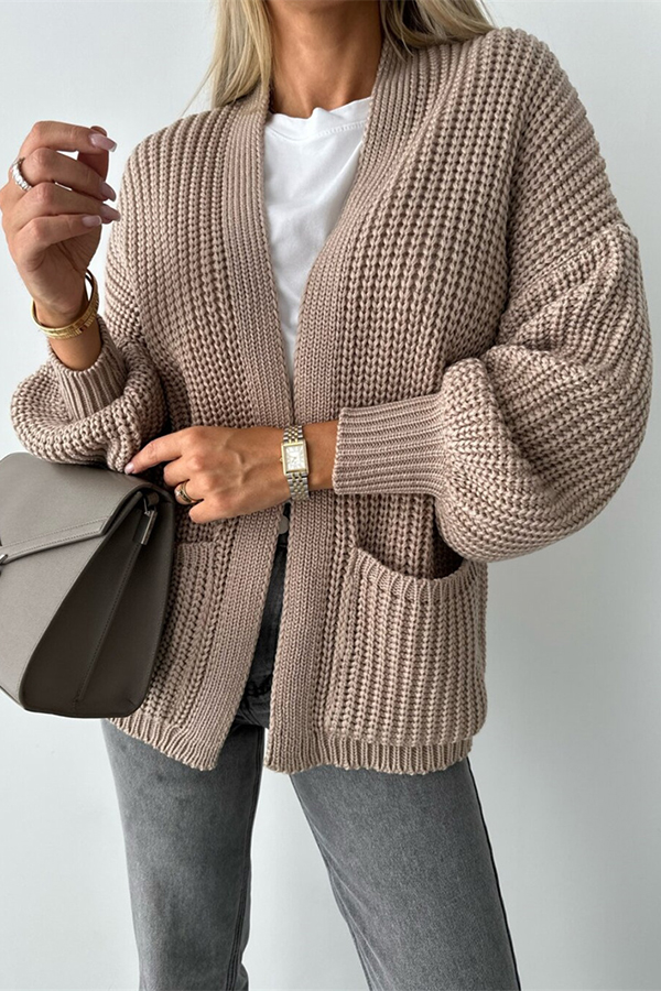 Solid Color V-neck Long-sleeved Casual Knitted Cardigan-consonak