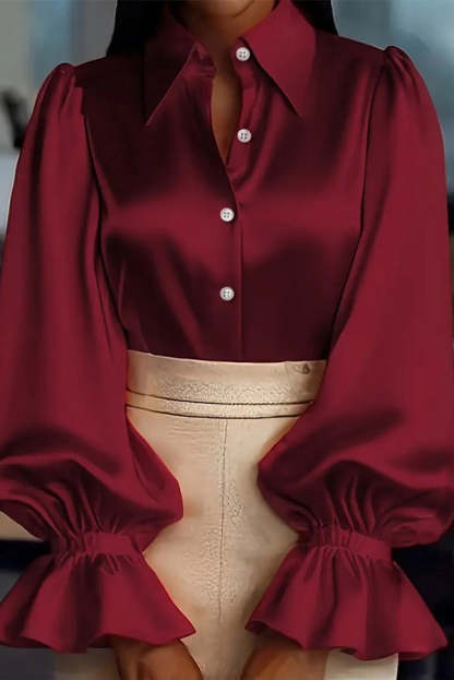 Solid Color Satin Puff Sleeve Casual Button-down Shirt-consonak