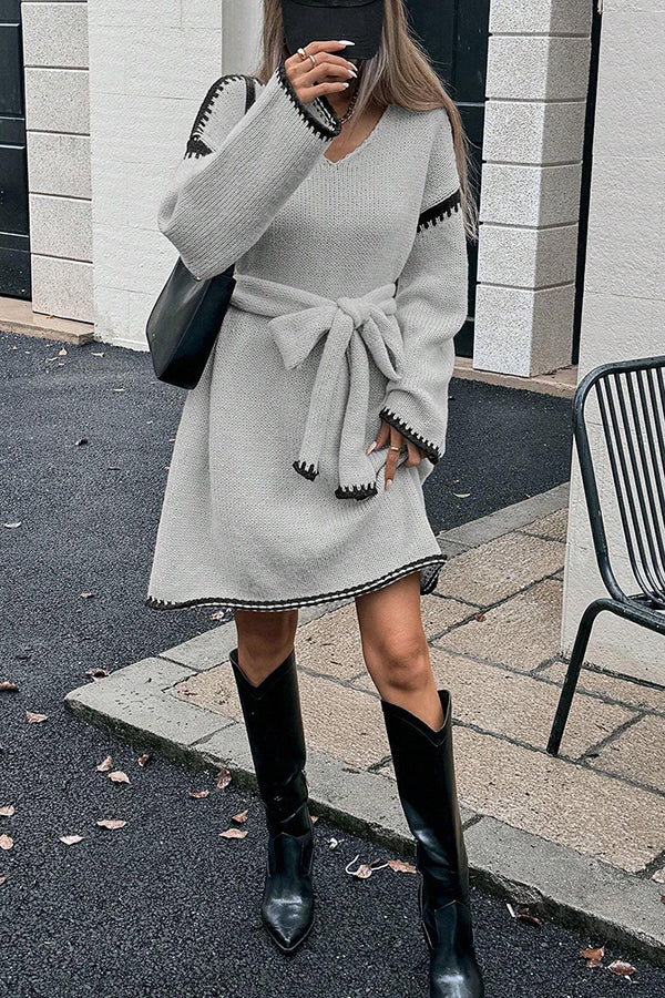Stylish Loose-fitting Long-sleeved Tie-waist Knit Mini Dress-consonak
