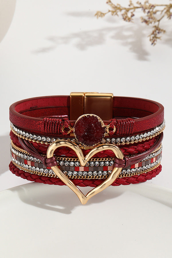 Bohemian Leather Cord Multi-layered Raw Stone Heart Bracelet | Consonak