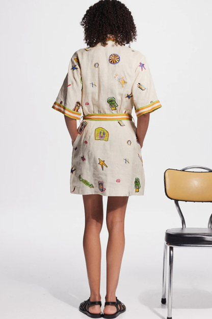 Britt Linen Blend Unique Printed Short Sleeved Pocket Tie Waist Mini Dress-consonak