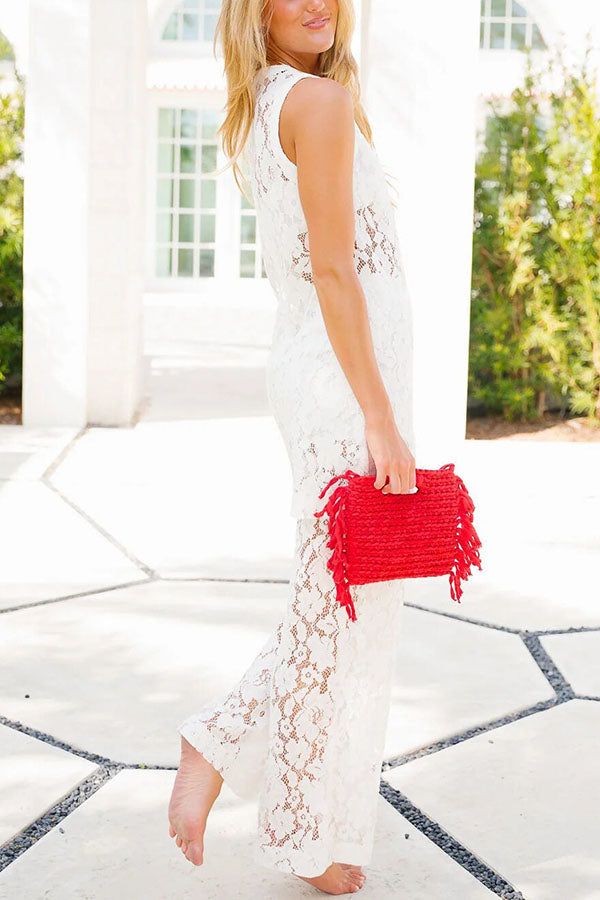 Chic Summer Floral Lace Sleeveless Midi Top and Elastic Waist Loose Pants Set-consonak