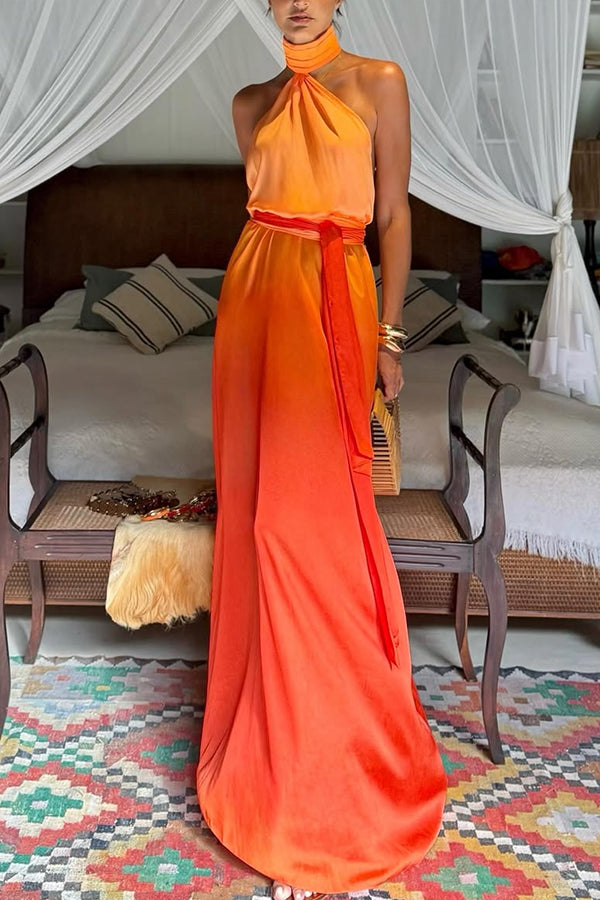 Chase The Sun Gradient Print High Neck Backless Tie-up Maxi Dress | Consonak