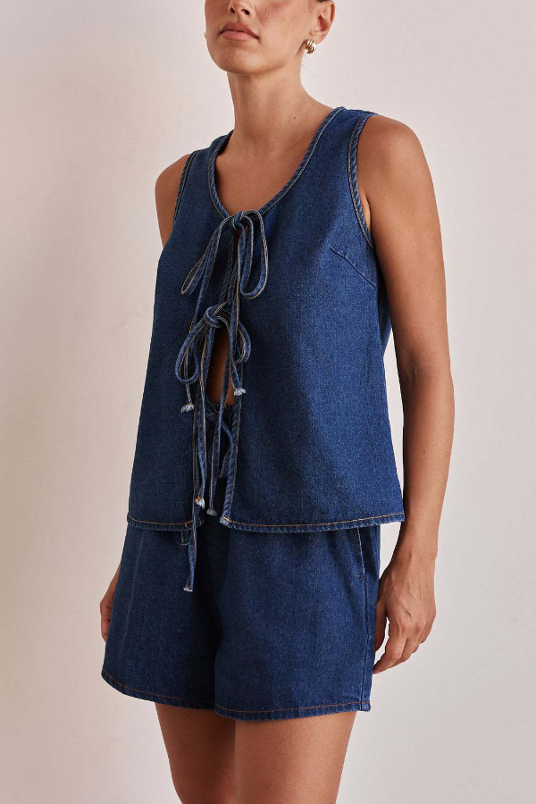 Stylish Sleeveless Round Neck Tie-up Casual Denim Vest