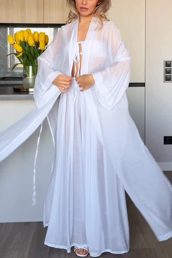 Flowy Linen Blend Halter Tank & Elastic Waist Tie-up Wide Leg Pants & Kimono Cover-Ups 3pieces Set