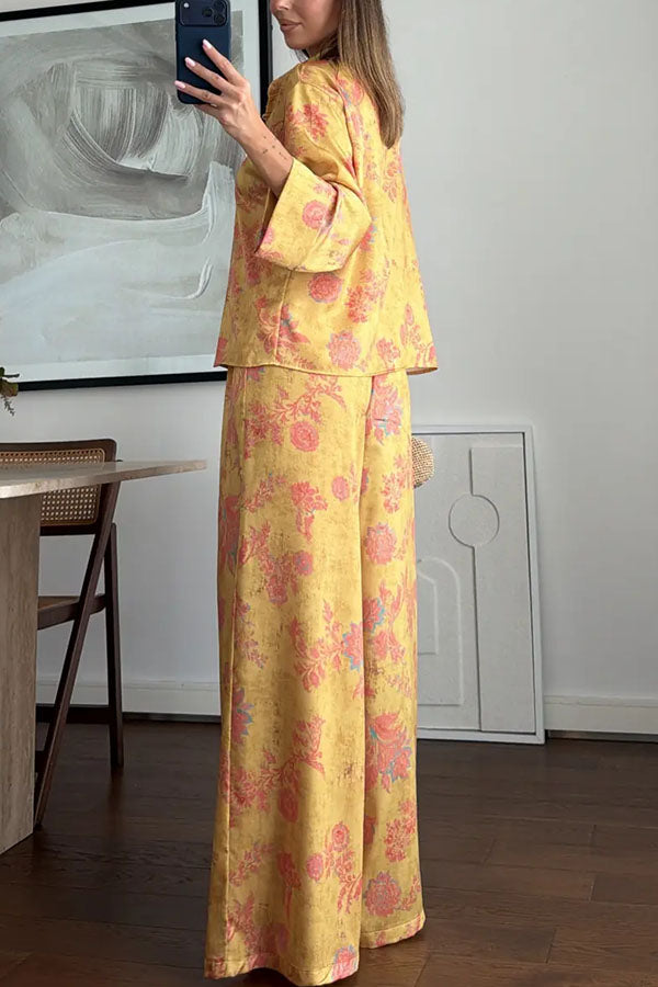 Floral Print Satin Knotted Button Long Sleeve Shirt and Elastic Waist Pocket Wide Leg Pants Set-Consonak