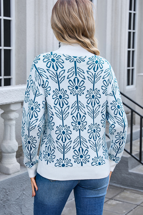 Fashionable Floral Knitted Turtleneck Loose Sweater-consonak