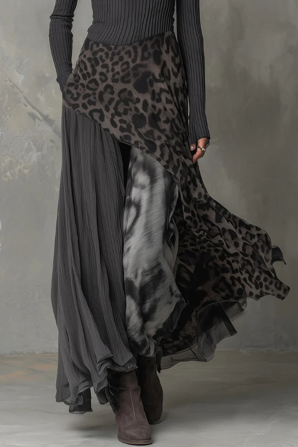 Stylish Leopard Print Patchwork Casual Long-sleeved Maxi Dress
