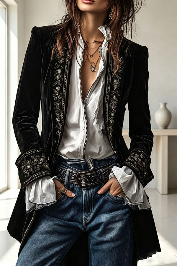 Aurelia Embroidered Velvet Tailored Blazer-Consonak