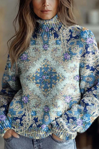 Floral Pattern High-Neck Long-Sleeved Loose Sweatshirt-consonak