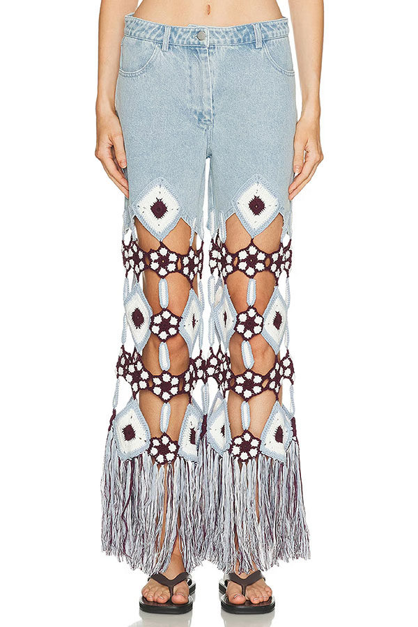 Belma Denim Handmade Embroidered Floral Crochet Detail Tassel Hem Pocket Jeans | Consonak