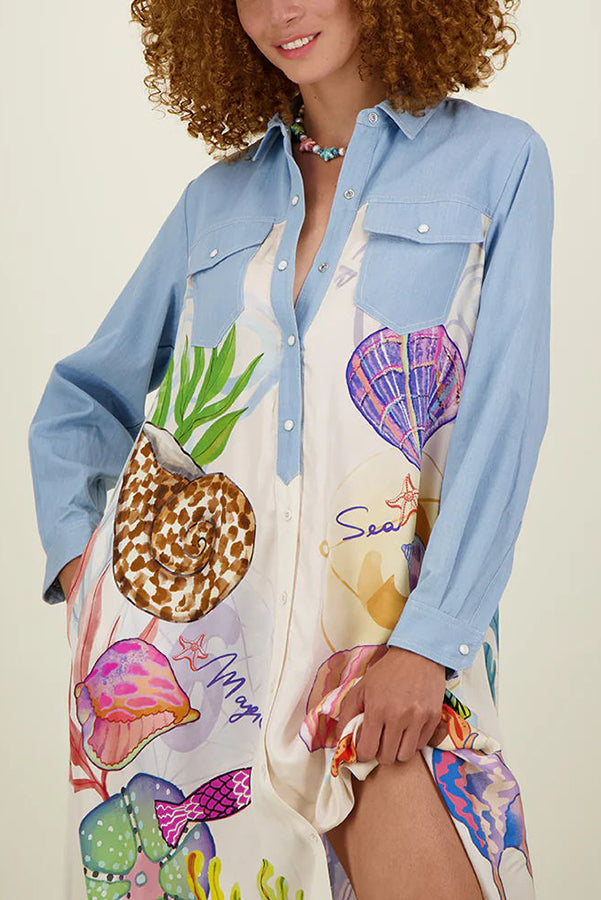 Take A Trip Marine Elements Unique Print Patchwork Pocketed Long Shirt Coat | Consonak