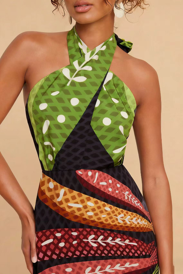 Multi-colored Fish Print Halter Neck Backless Printed Fitted Vacation Maxi Dress