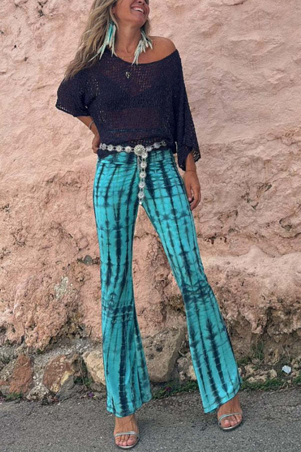 Fashionable tie dye printed pleated lace up waist elastic street bell bottom pants-consonak