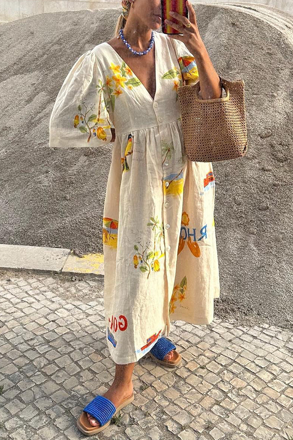 Cozy Summer Linen Blend Unique Print Button Puff Sleeve Loose Midi Dress | Consonak
