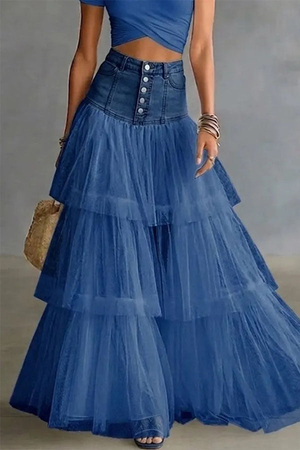 Y2K Fairycore Denim Corset Waist Tulle Maxi Skirt-Consonak
