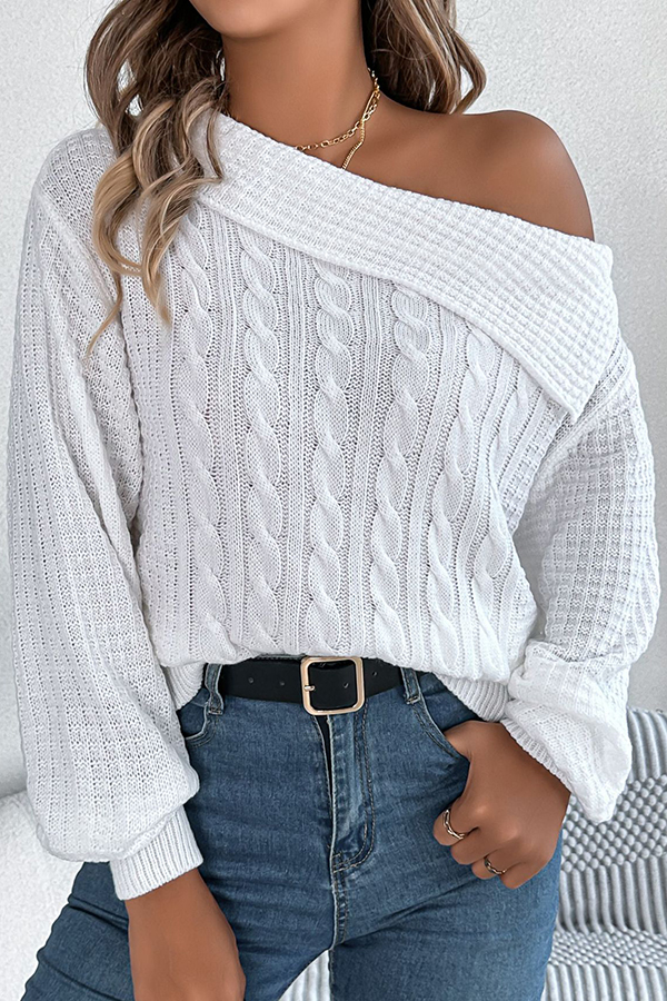 Solid Color Casual One Shoulder Long Sleeve Knitted Sweater-consonak
