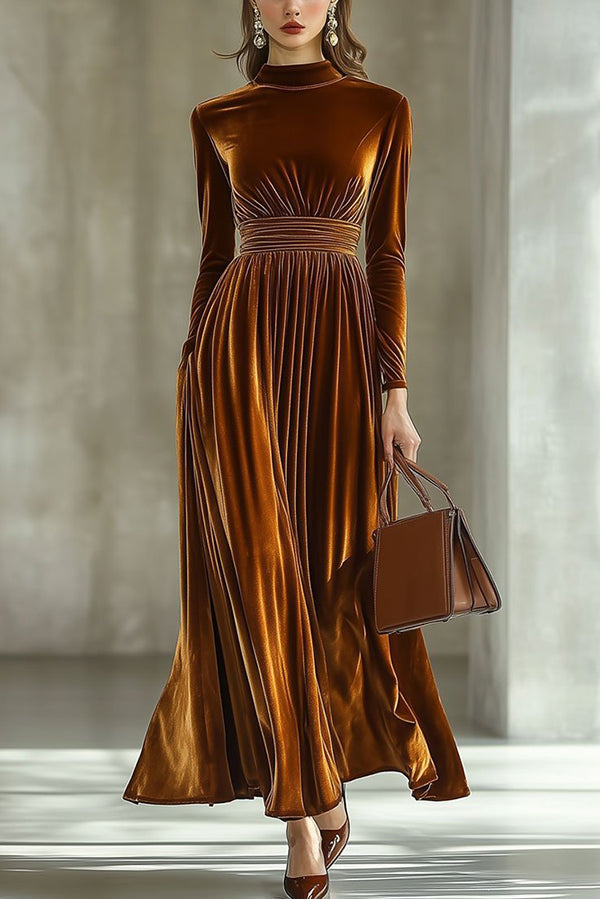 Solid Color Velvet Long-sleeved High-waisted Elegant Maxi Dress-consonak