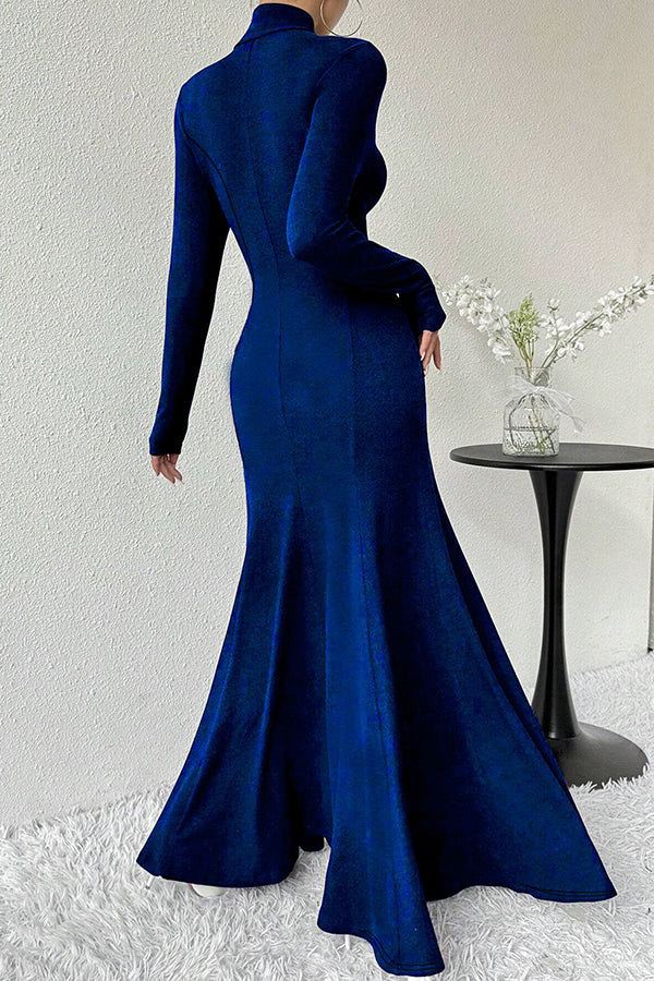 Solid Color High-neck Long-sleeved Slim-fit Fishtail Elegant Maxi Dress-consonak