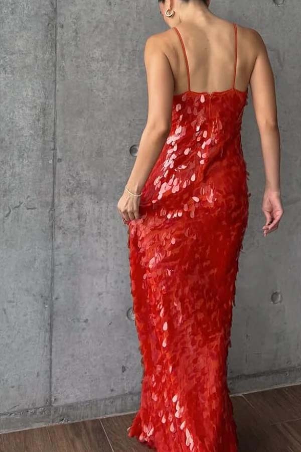 Reshape Beauty Fish Scale Sequin Cutout U-neck Slip Maxi Dress