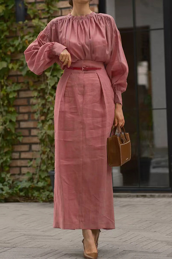 Solid Color Round Neck Long-sleeved Pleated Shirt and Elegant Maxi Skirt Set-consonak