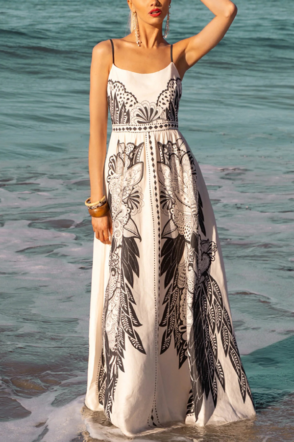 Unique Print Spaghetti Strap Gathered Holiday Maxi Dress-consonak